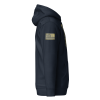 A men's navy hoodie adorned with a Men's Saint Michael defeating Satan Hoodie gold patch, symbolizing the victory over Satan.