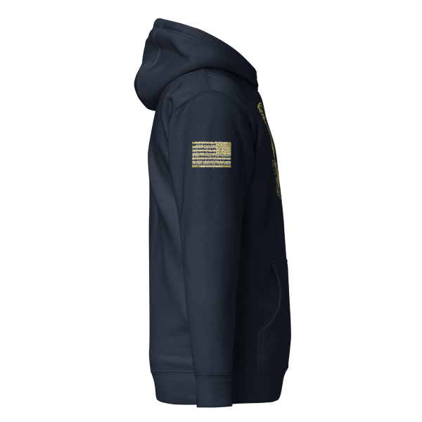 A men's navy hoodie adorned with a Men's Saint Michael defeating Satan Hoodie gold patch, symbolizing the victory over Satan.