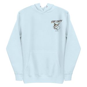 A light blue Woman's Stay Salty Embroidered Hoodie with an image of a fish on it.