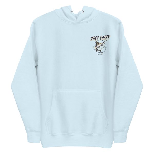 A light blue Woman's Stay Salty Embroidered Hoodie with an image of a fish on it.