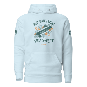 A light blue Men's Get Salty Hoodie with the words "blue water coast getty.