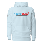 A light blue Women's Wee Woo - Police - First Responder Hoodie with the word Wee Woo on it.