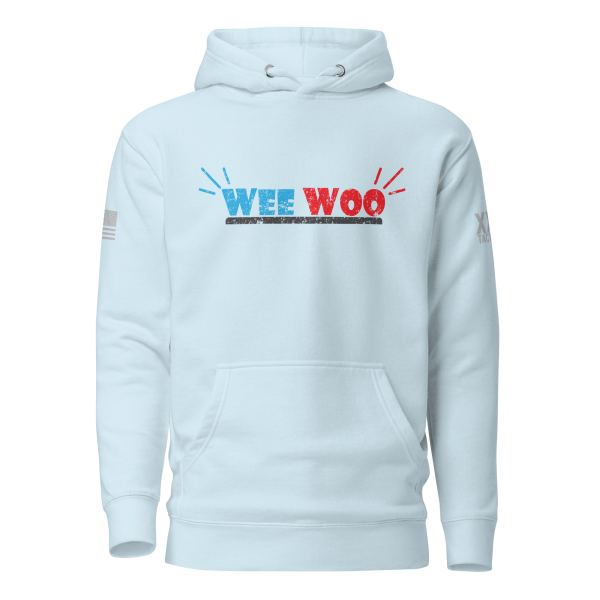 A light blue Women's Wee Woo - Police - First Responder Hoodie with the word Wee Woo on it.