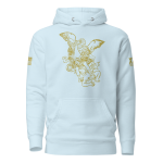 A light blue hoodie with an angel on it featuring Women's Saint Michael defeating Satan Hoodie.