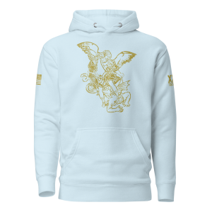 A light blue hoodie with an angel on it featuring Women's Saint Michael defeating Satan Hoodie.