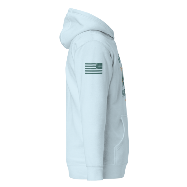 A light blue Men's Get Salty Hoodie with an american flag on it.