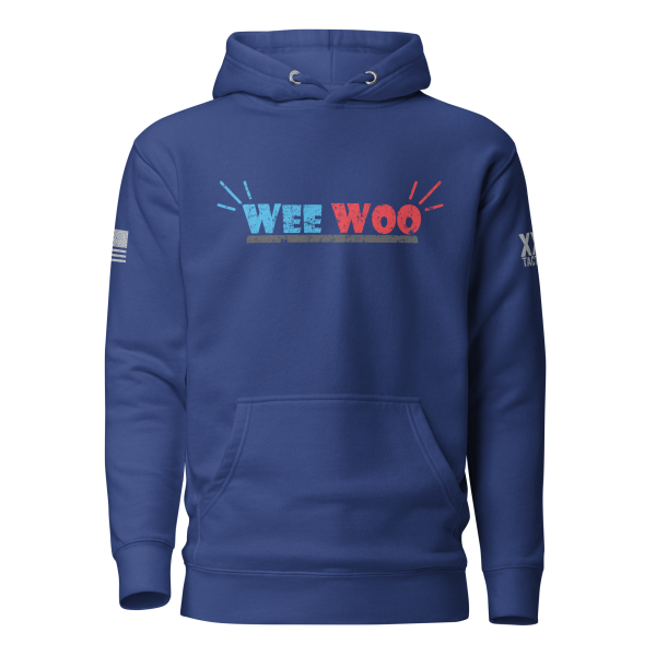 A Men's Wee Woo - Police - First Responder Hoodie, featuring the word "Wee Woo" in bold letters, perfect for fans of police-inspired fashion.