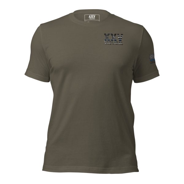 A men's olive green XXV Tactical Thin Blue Line t-shirt, adding a subtle touch of tactical flair.