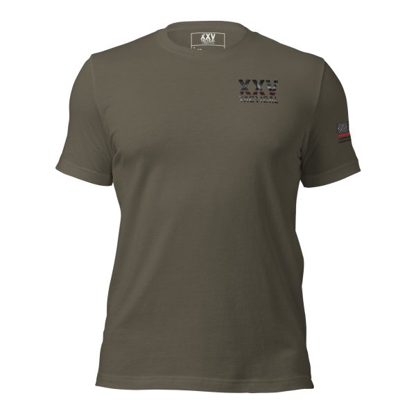 A green t-shirt with the word NYC and XXV Tactical Thin Red Line on it.