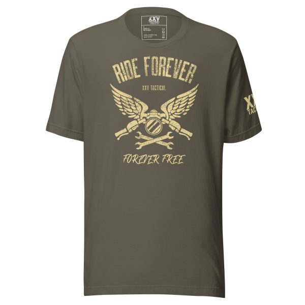 Introducing the Men's Ride Forever - Forever Free Tee, a men's t-shirt that boldly states "Rise forever to freedom.