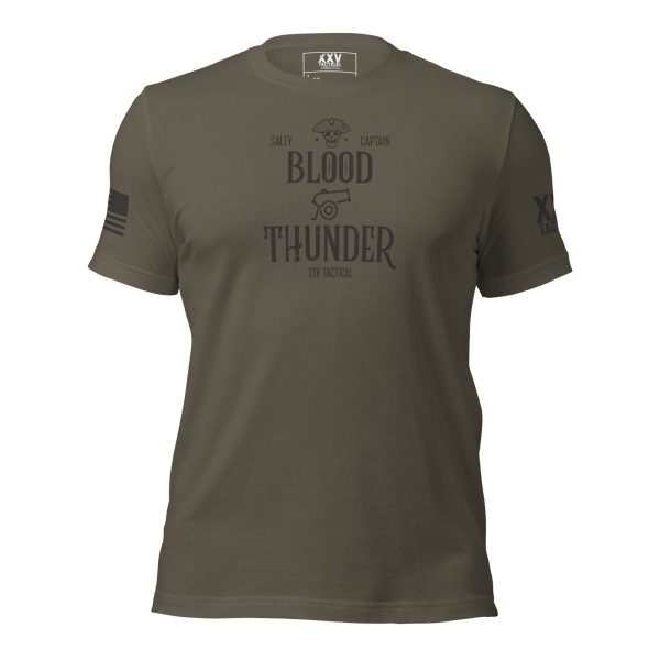A Men's Blood & Thunder - Salty Captain Tee featuring the powerful words "Blood & Thunder".