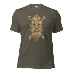 An 'Until Valhalla' Graphic Tee featuring a viking with a beard and swords, symbolizing the spirit of "Until Valhalla.