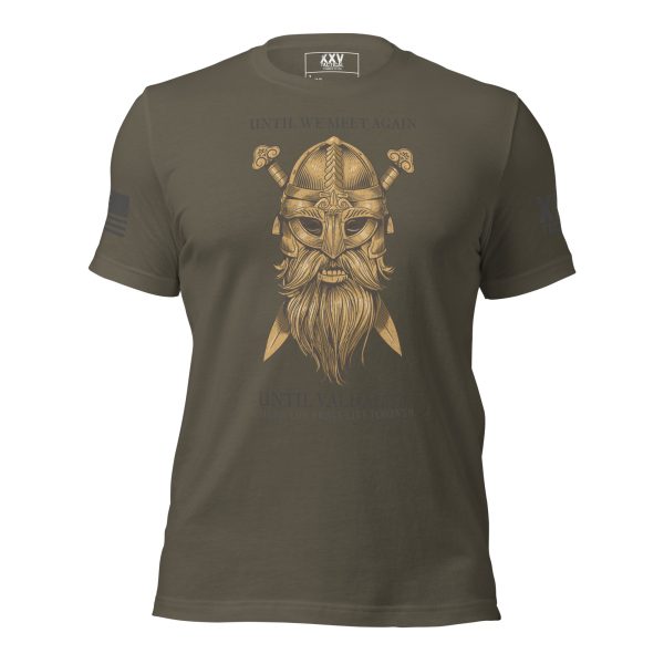 An 'Until Valhalla' Graphic Tee featuring a viking with a beard and swords, symbolizing the spirit of "Until Valhalla.