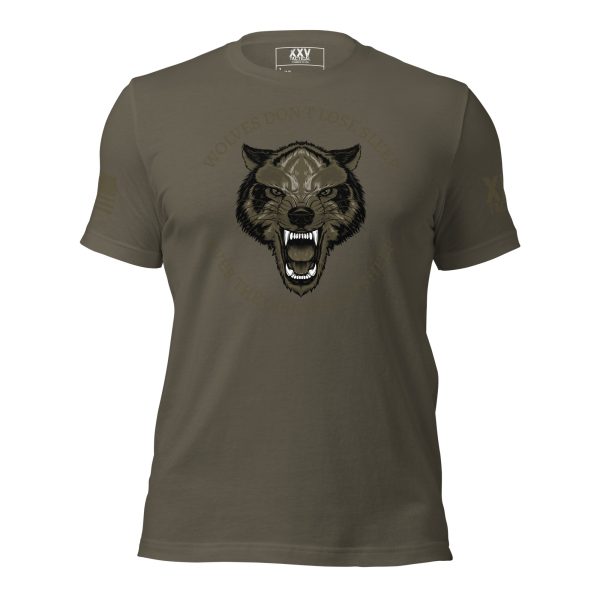 A Wolves don't lose sleep over the opinions of sheep tee featuring an image of a wolf.
