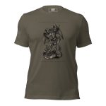 A Women's St. Michael Defend us in Battle Tee with an image of a demon on it.