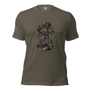 A Women's St. Michael Defend us in Battle Tee with an image of a demon on it.
