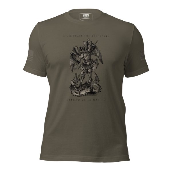 A Women's St. Michael Defend us in Battle Tee with an image of a demon on it.