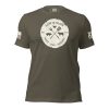 A Men's Low & Slow Grilling Tee featuring an image of an axe and a cross.