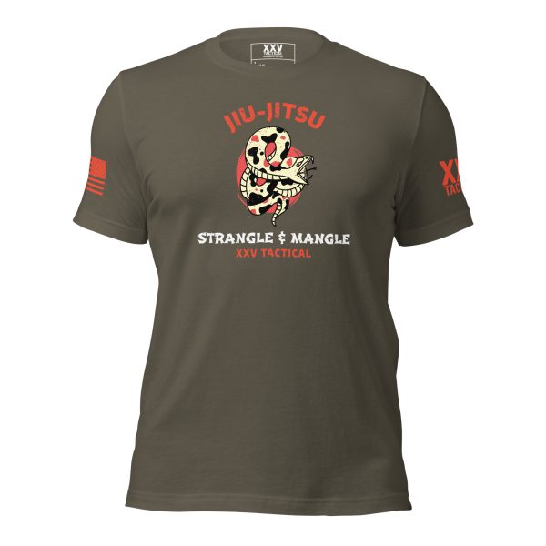 A Men's Jiu-Jitsu Tee (Strangle & Mangle) featuring an image of a jiu-jits, perfect for strangle & mangle enthusiasts.