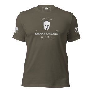 A men's Embrace The Chaos tee that proudly displays the words 'The Spartans' to embrace the chaos.