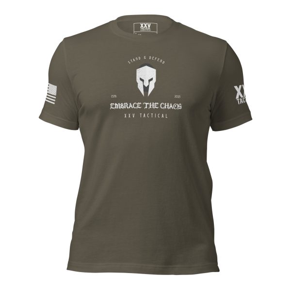 A men's Embrace The Chaos tee that proudly displays the words 'The Spartans' to embrace the chaos.
