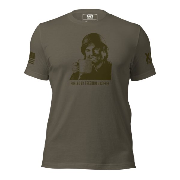A Men's Fueled by Freedom & Coffee Tee featuring an image of a man holding a cup of coffee.