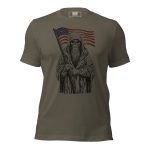 A Men's American Grim Reaper Short-Sleeve Tee featuring a picture of a man holding an American flag.