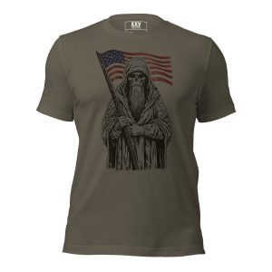 A Men's American Grim Reaper Short-Sleeve Tee featuring a picture of a man holding an American flag.