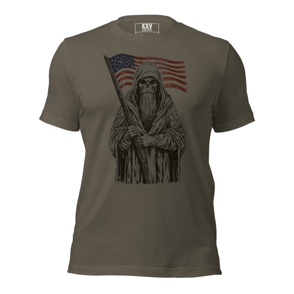 A Men's American Grim Reaper Short-Sleeve Tee featuring a picture of a man holding an American flag.