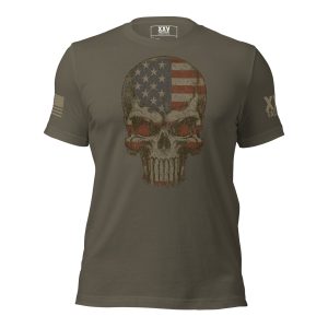 A Men's American Skull T-Shirt featuring the iconic American Skull with a flag design.