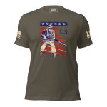 A Men's 'At The Ready' Vintage WWII Tee with an image of a American soldier holding a rifle, designed for men.