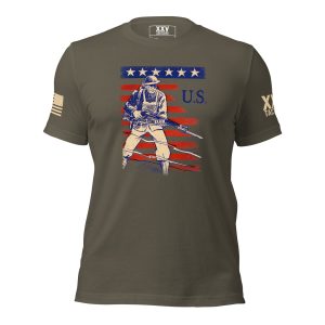 A Men's 'At The Ready' Vintage WWII Tee with an image of a American soldier holding a rifle, designed for men.