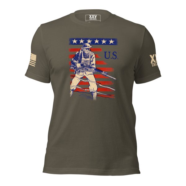 A Men's 'At The Ready' Vintage WWII Tee with an image of a American soldier holding a rifle, designed for men.