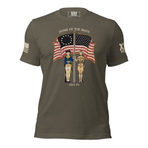 A men's 'Home of the Brave' Vintage WWI Tee with an American flag and two soldiers.