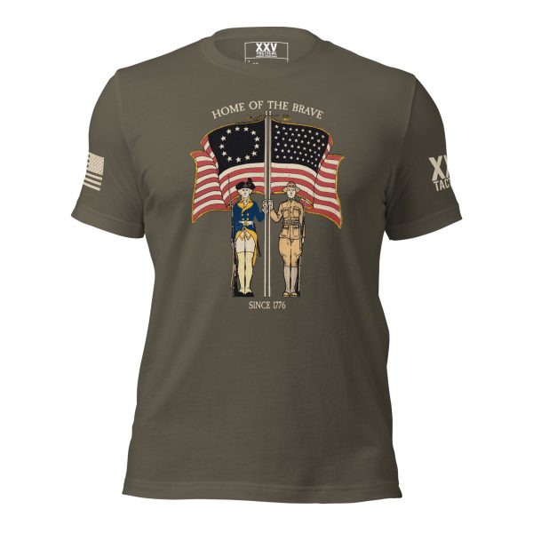 A men's 'Home of the Brave' Vintage WWI Tee with an American flag and two soldiers.
