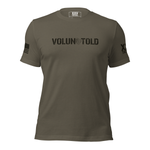 A Men's Volun-told Tee with the word voluntold on it.