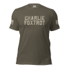 The olive green Men's Charlie Foxtrot tee for men.