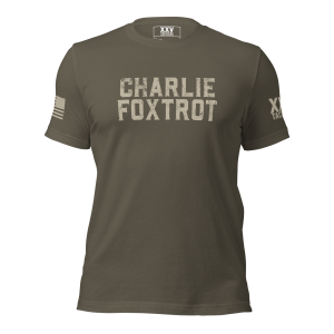 The olive green Men's Charlie Foxtrot tee for men.