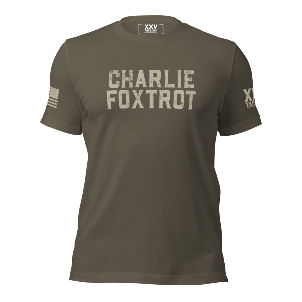 The olive green Men's Charlie Foxtrot tee for men.