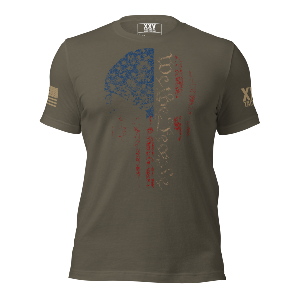 The Men's We The People American Skull tee in olive green is perfect for men who love to show off their patriotic side with a touch of rebellion.