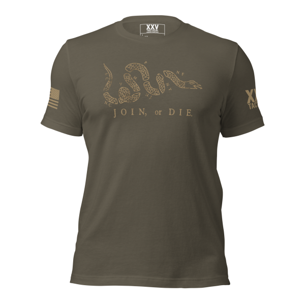 A Men's Join or Die Colonial America T-Shirt featuring the historic phrase "Join or Die" from Colonial America.