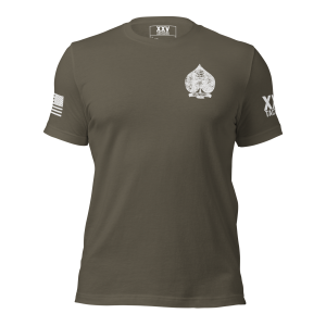 The olive green Men's US Patriot Skull Spade Tee for men.