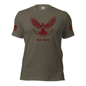 A Men's Rise Above Tee with a red eagle on it.
