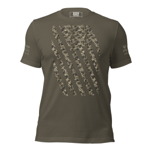 A men's Distressed Digital Flag Tee with a camouflage pattern.