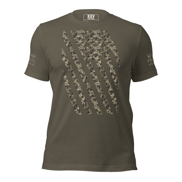 A men's Distressed Digital Flag Tee with a camouflage pattern.