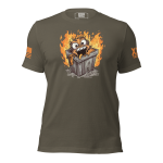 A men's t-shirt featuring a flaming trash can image; perfect for those who love the Men's Dumpster Fire Tee aesthetic.