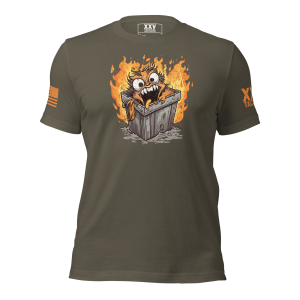A men's t-shirt featuring a flaming trash can image; perfect for those who love the Men's Dumpster Fire Tee aesthetic.
