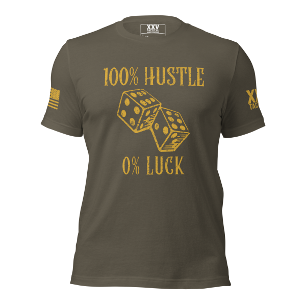 A Men's 100% Hustle 0% Luck Tee featuring the empowering phrase "100% hustle.