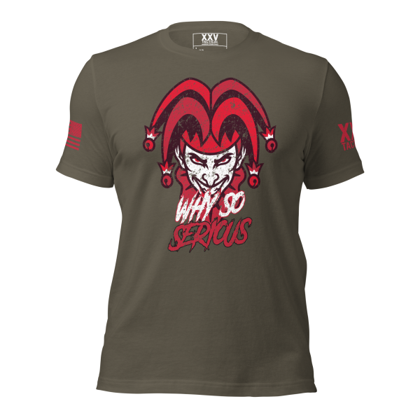 A Men's Why So Serious Tee with a Joker on it.