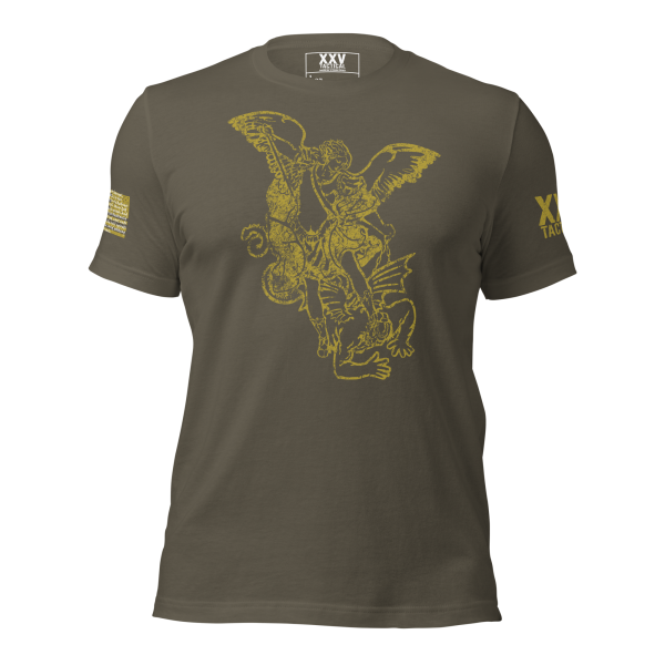 A Men's Saint Michael defeating Satan Tee featuring Saint Michael defeating Satan on a horse.